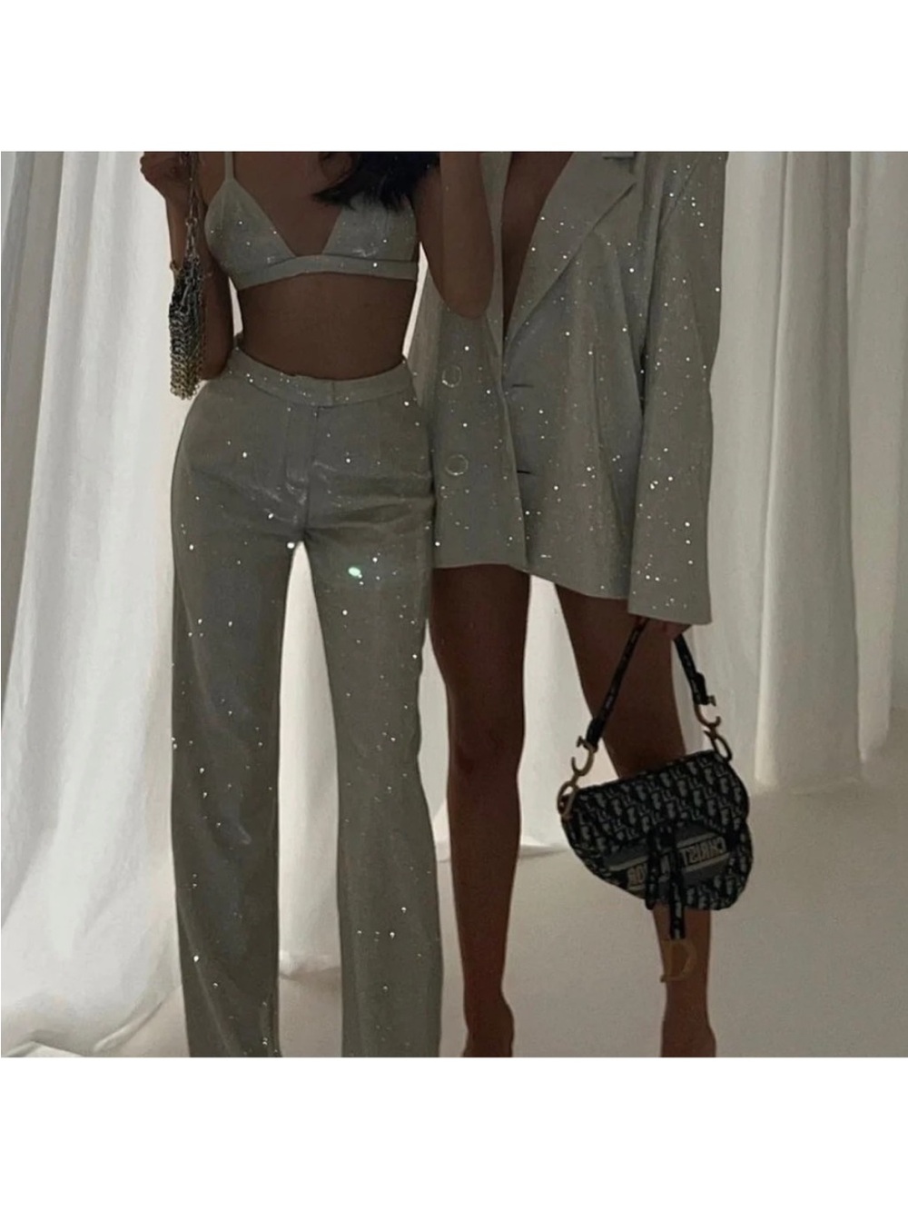 NWT- SLA the LABEL Sparkle Wide-Leg Pants - Silver